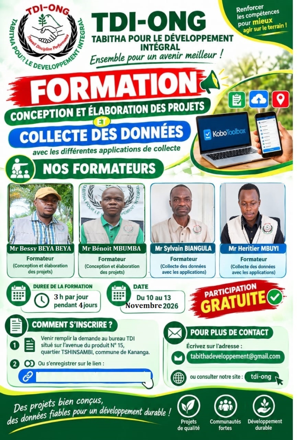Kasai-Central : L‘ONG TDI lance une formation pratique en collecte de donnees numeriques et montage de projets