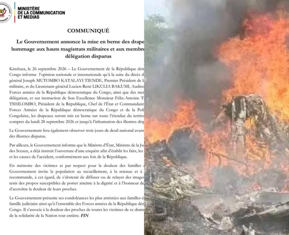 RDC : le gouvernement decrete trois jours de deuil national apres la mort de hauts magistrats militaires dans un crash aerien a Kenge