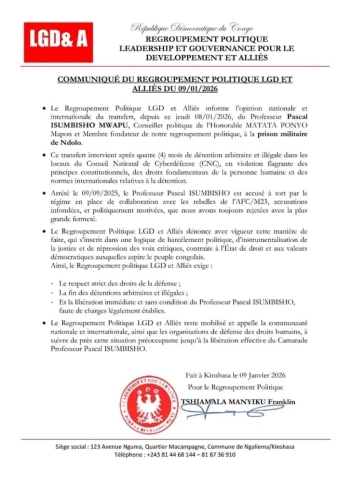 Affaire Pascal Isumbisho : LGD et Allies denonce une detention « arbitraire » malgre son transfert a Ndolo