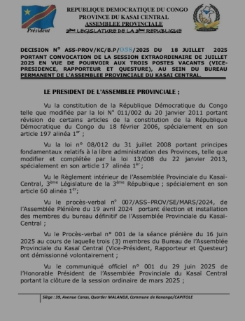 Kasai Central || Assemblee Provinciale : le Bureau permanent convoque une session extraordinaire !