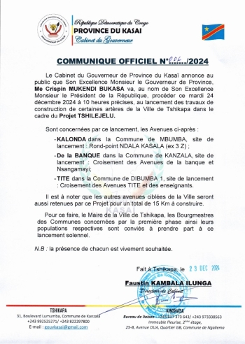 Kasai : Lancement ce mardi du projet Tshilejelu a Tshikapa